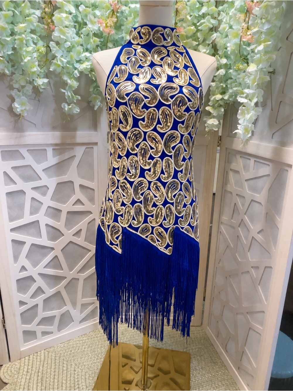 Source Unknown Royal Blue and Gold Halter Fringe Mini Dress